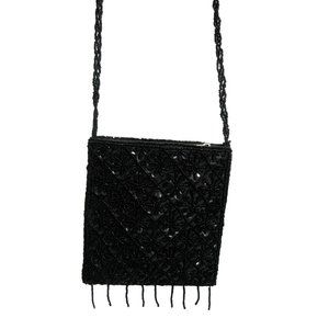 Vintage Black Beaded Evening Bag Crossbody Shoulder Zippered Satin Lined Dressy